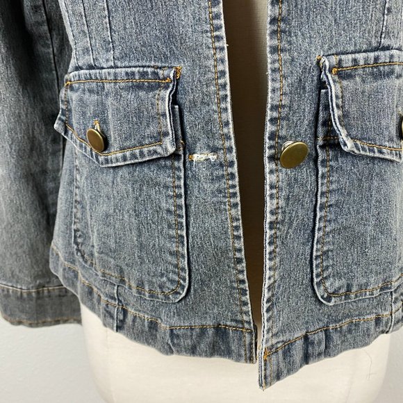 She's Cool Fitted Denim Jacket Pockets Mandarin Collar Button Front Dark Wash SM - Picture 4 of 11